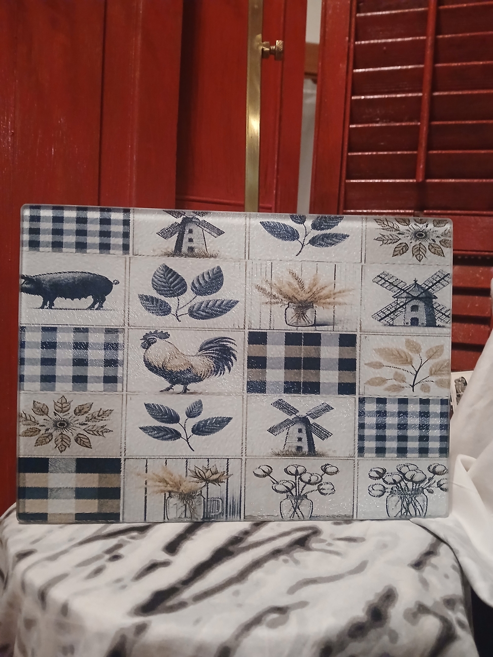 Blue and Cream Farmhouse Glass Cutting Board